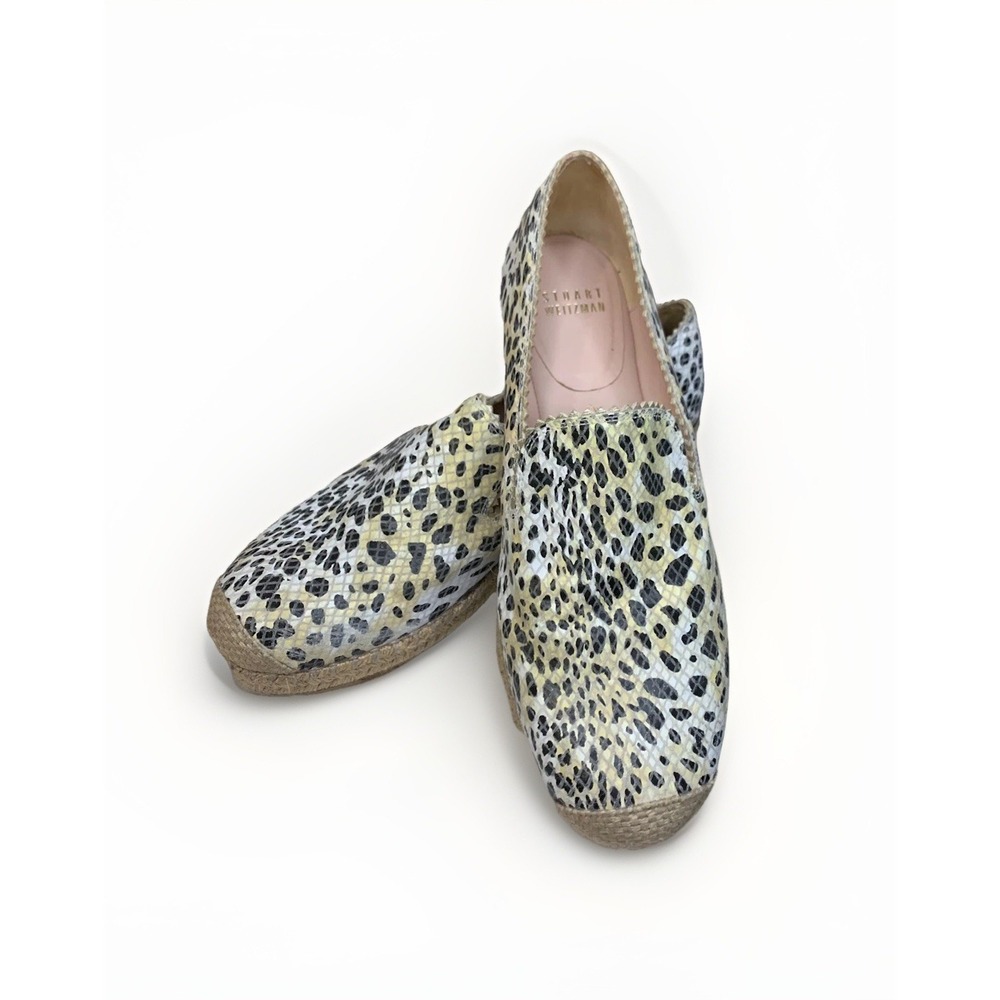 Stuart Weitzman Leopard Espadrille Loafers Women 7M Yellow Snakeskin Flats Spain